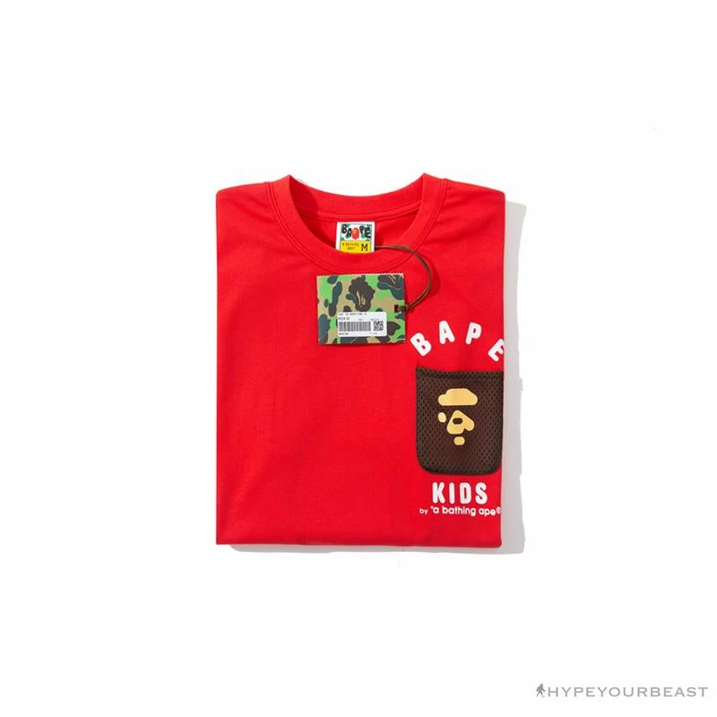 BAPE KIDS Small Net Pocket Ape Man Head Tee Shirt ‘RED’ Clothes