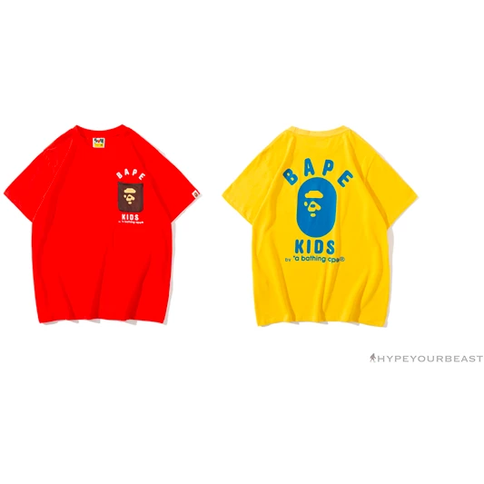 BAPE KIDS Small Net Pocket Ape Man Head Tee Shirt ‘RED’ Clothes